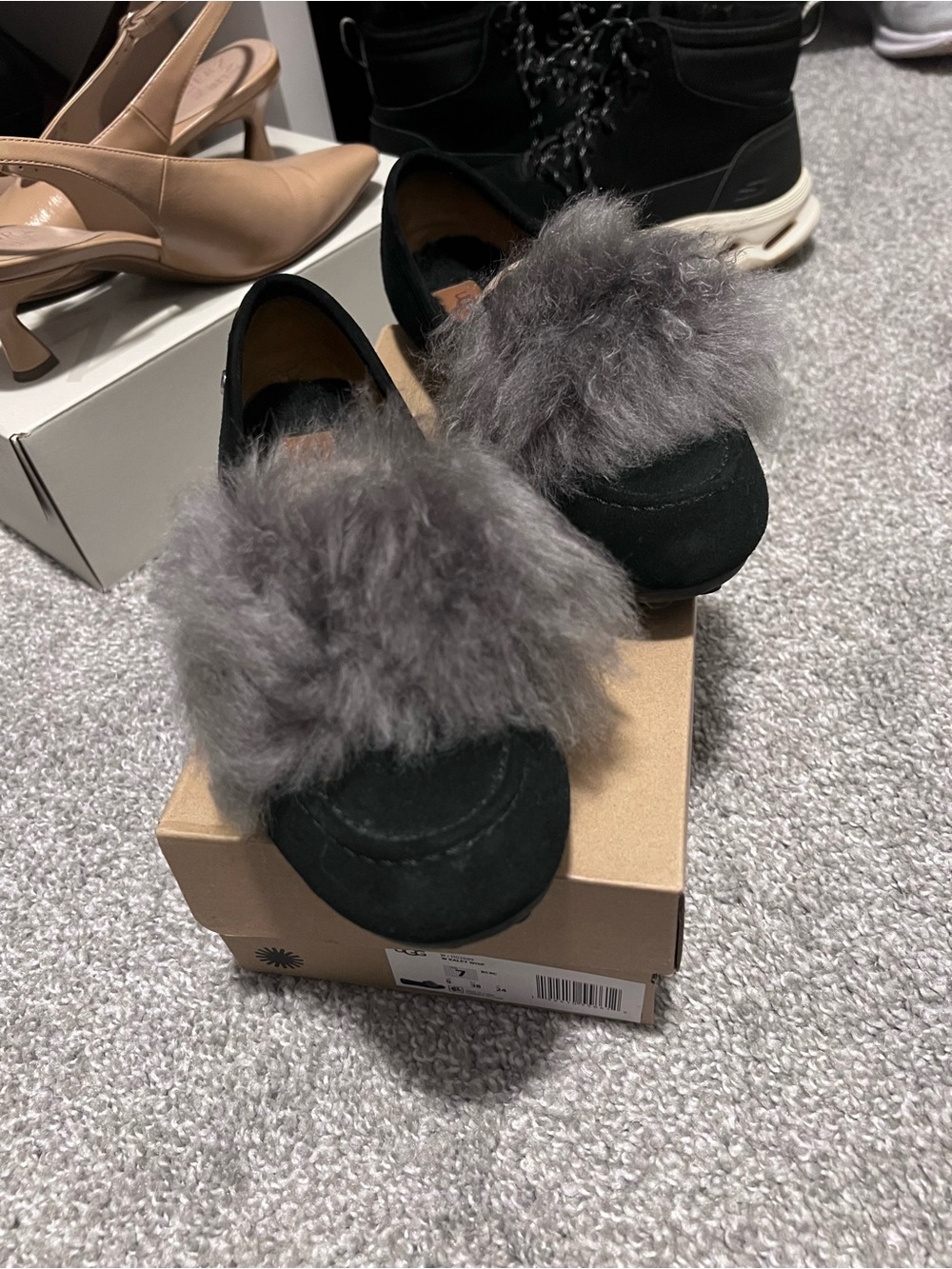 UGG Kaley Wisp Fur Trim Black Loafers - Women
